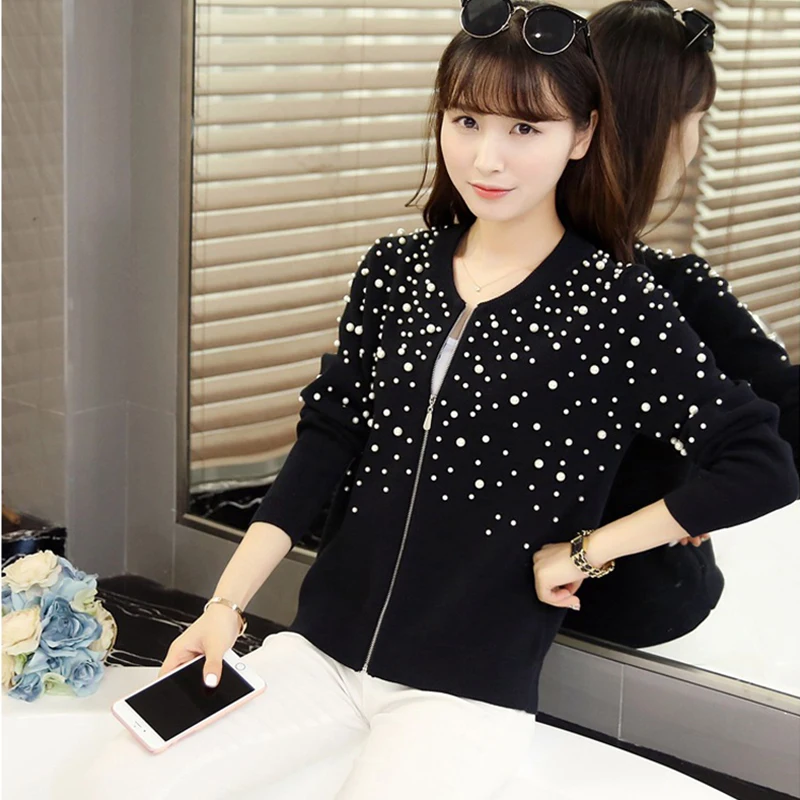 Женский вязаный кардиган рождественский свитер с жемчужинами и бусинами осень