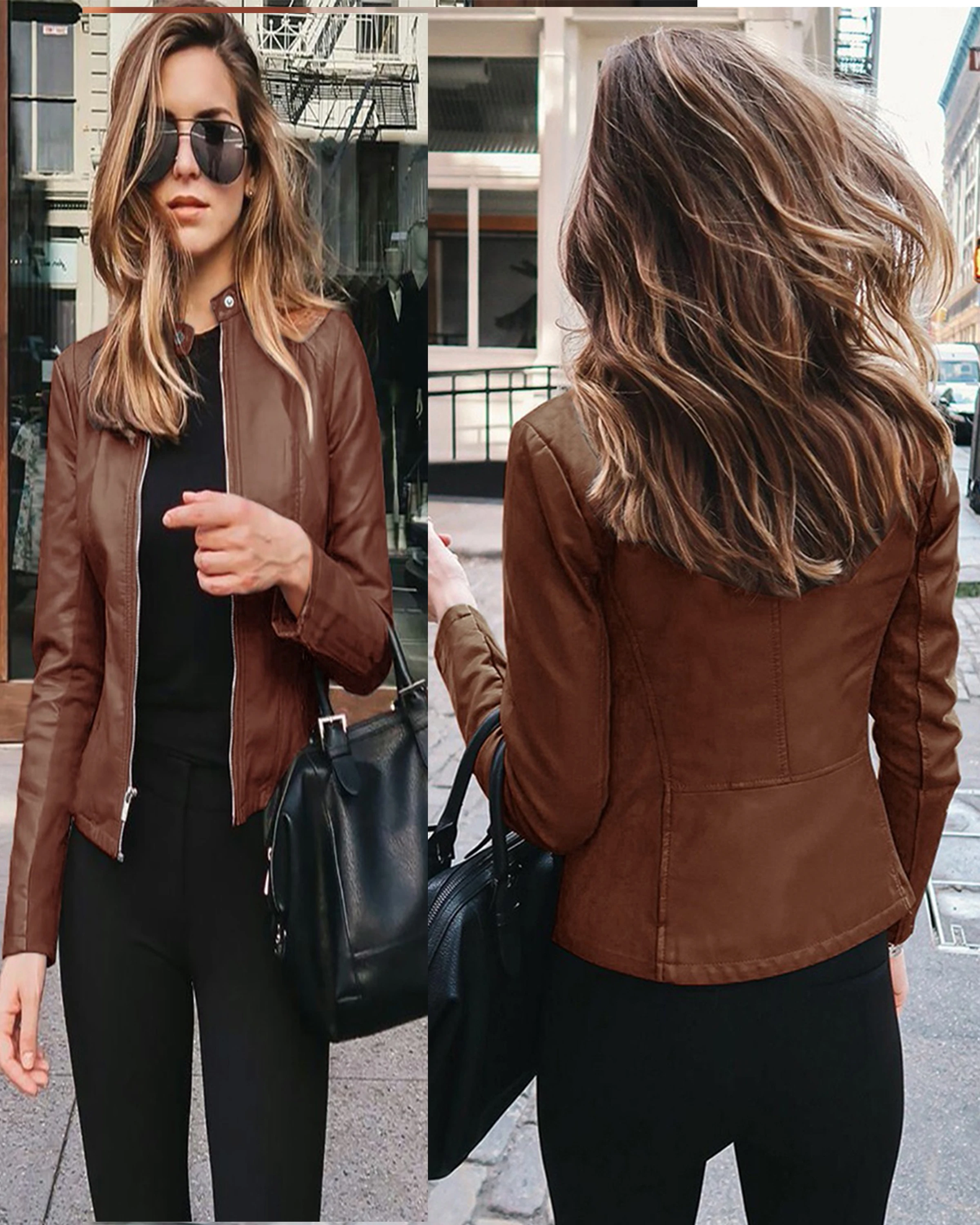 

Женский короткий кардиган из ПУ кожи, с длинным рукавом