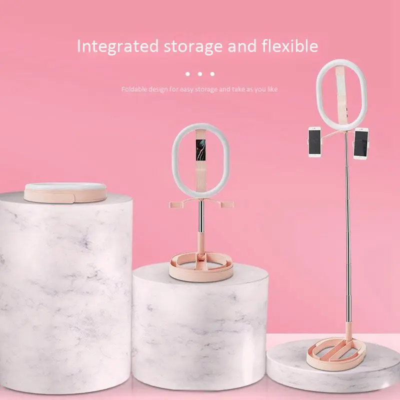 

Phone Stand Live Broadcast Stand Selfie Fill Light Ring Telescopic Folding Lamp Bracket with 2 Phone Clips