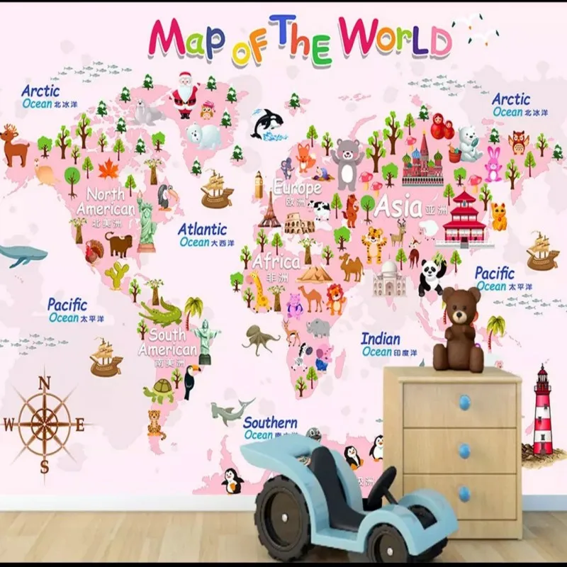 Прямая поставка рисованная вручную мультяшная карта мира обои для детской