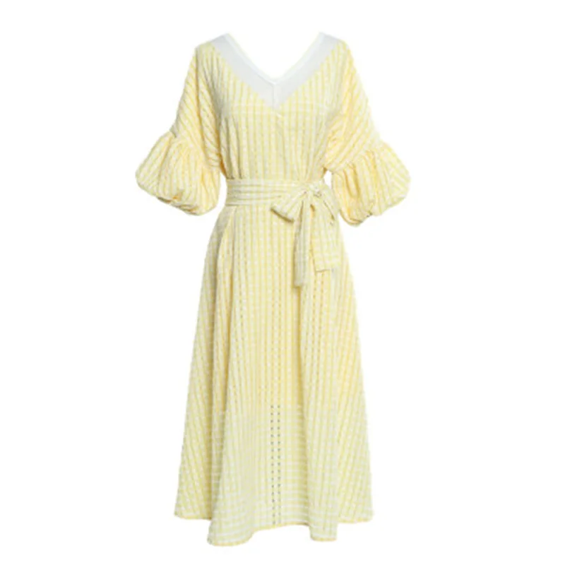 

spring summer 2021 women Fashion Yellow Crop Top and Skirts Sets Double V neck Short Sleeve Plaid Blouses Shirt + Midi Skirt Set
