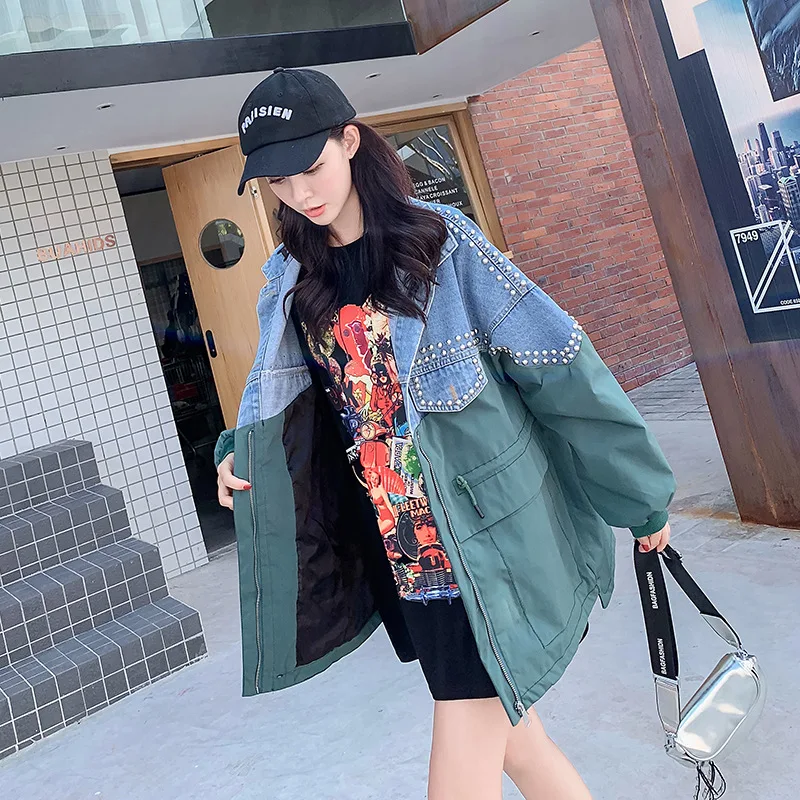 

Letter embroidery women's denim jacket patchwork streetwear outerwear rivet denim coat women Oversized loose jean jacket spring