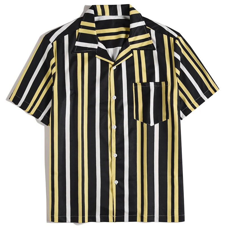 

Hawaiian Shirts Mens Vertical Colorblock Striped Shirt Button Guys Short Sleeve Shirt Summer Beach Blouse Tops Chemise Homme