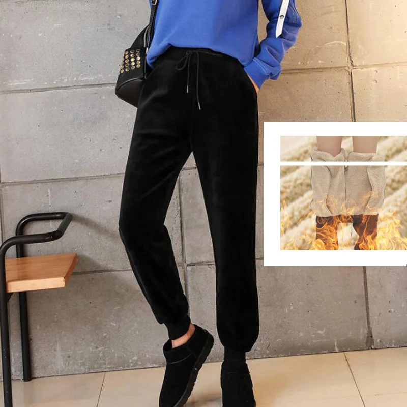Black Super Fleece Женские теплые спортивные штаны для бега с эластичной резинкой на талии, спортивные уличные брюки размера плюс, готические брюки с высокой талией, 3XL - Цвет: Black Super Fleece