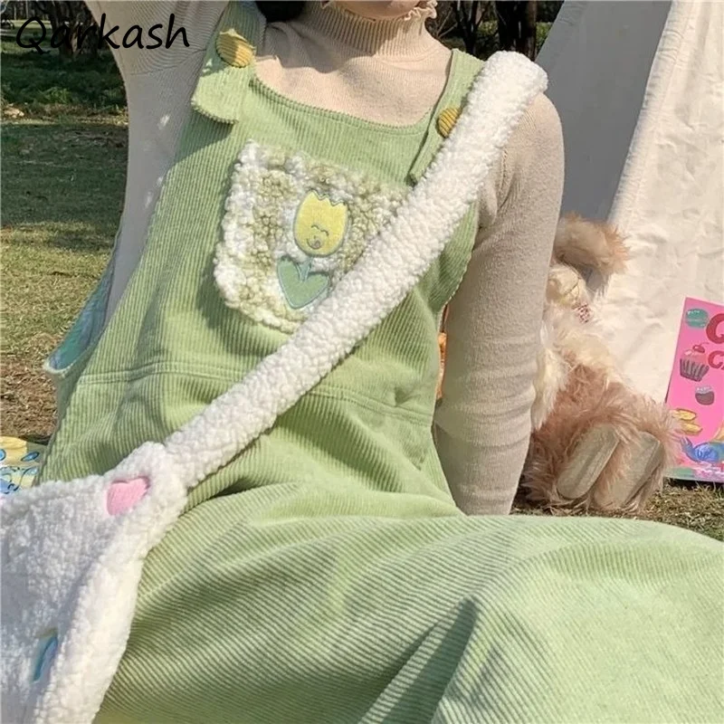 

Sleeveless Dress Light Green Preppy Harajuku College Embroidery Design Square Collar Spring Autumn Clothes Corduroy Retro Straps