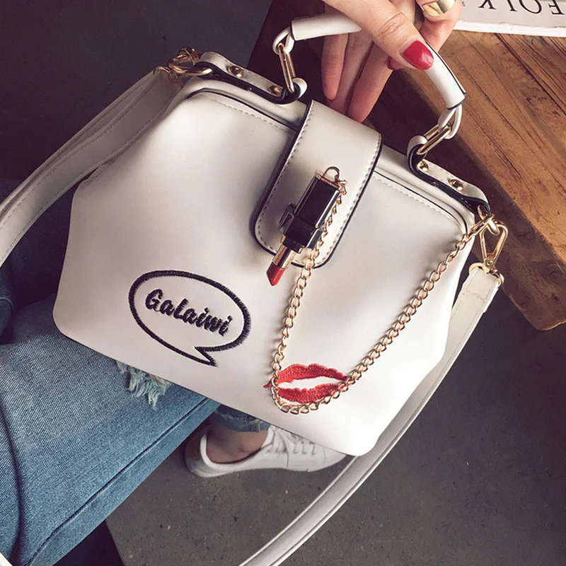 

Bag for Women 2020 New Handbag PU Leather Fashion Lip Embroidery Lipstick Lock Doctor Bag Wild Handle Shoulder Messenger Bag