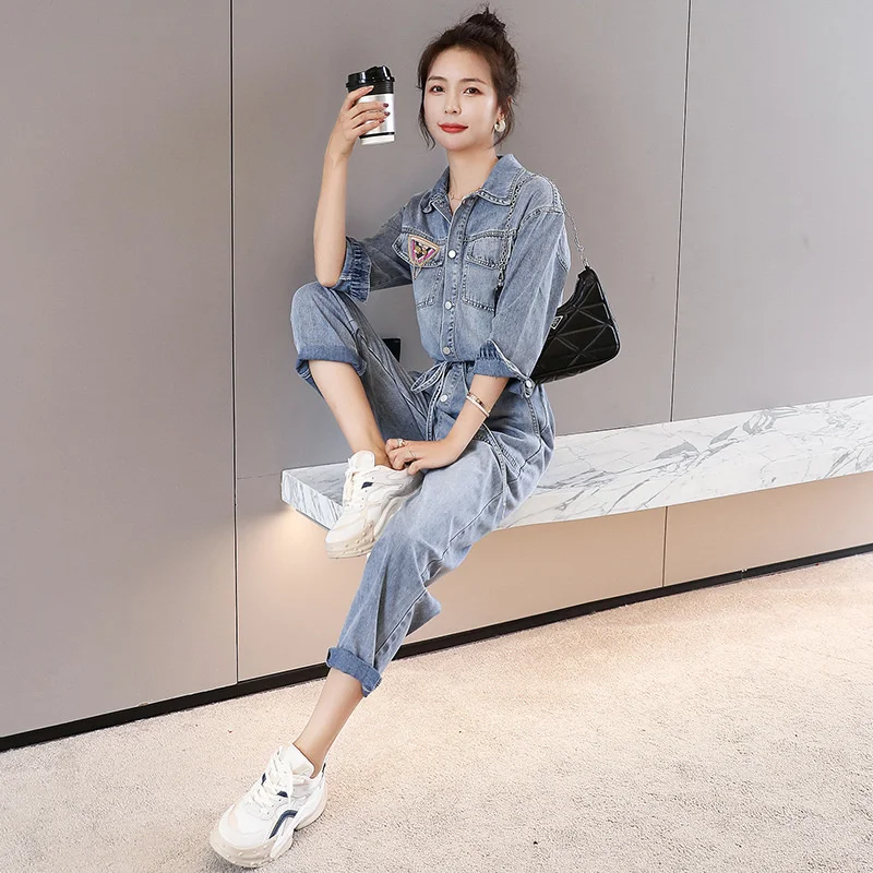 Casual Women Denim Overalls Summer New Elegant Turn-down Collar Jumpsuit Preppy Style Sweet Pockets Loose Trousers Female