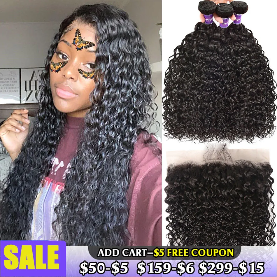 13x4 Transparent Lace Frontal With Bundles Peruvian Water Wave 100% Remy Human Hair Closure | Шиньоны и парики