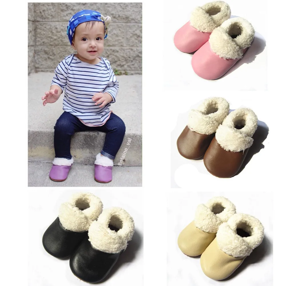 

Детские Зимние Мокасины для новорожденных мягкая подошва Booties для мальчиков и девочек, Нескользящие тапочки для первых шагов из натуральной кожи для ползания 0-24