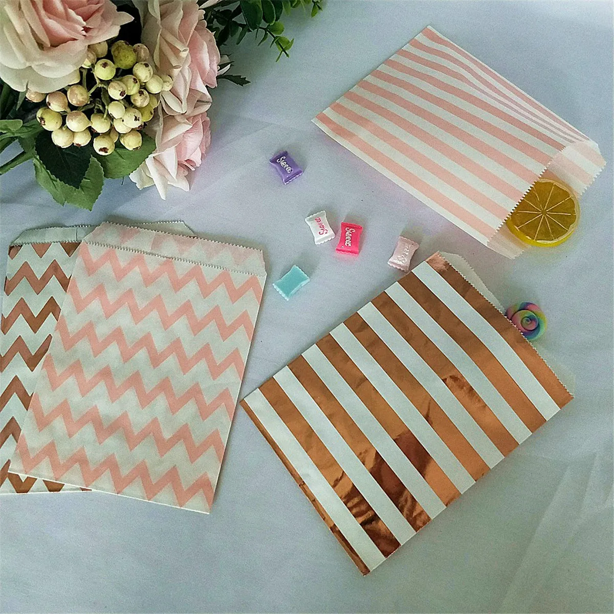 

100pcs Assorted Pink Gold Metallic Paper Bags 5 x 7.5 Inch Flat Paper Bags Stripe/Polka Dots/Chevron Birthday Party Treat Bags