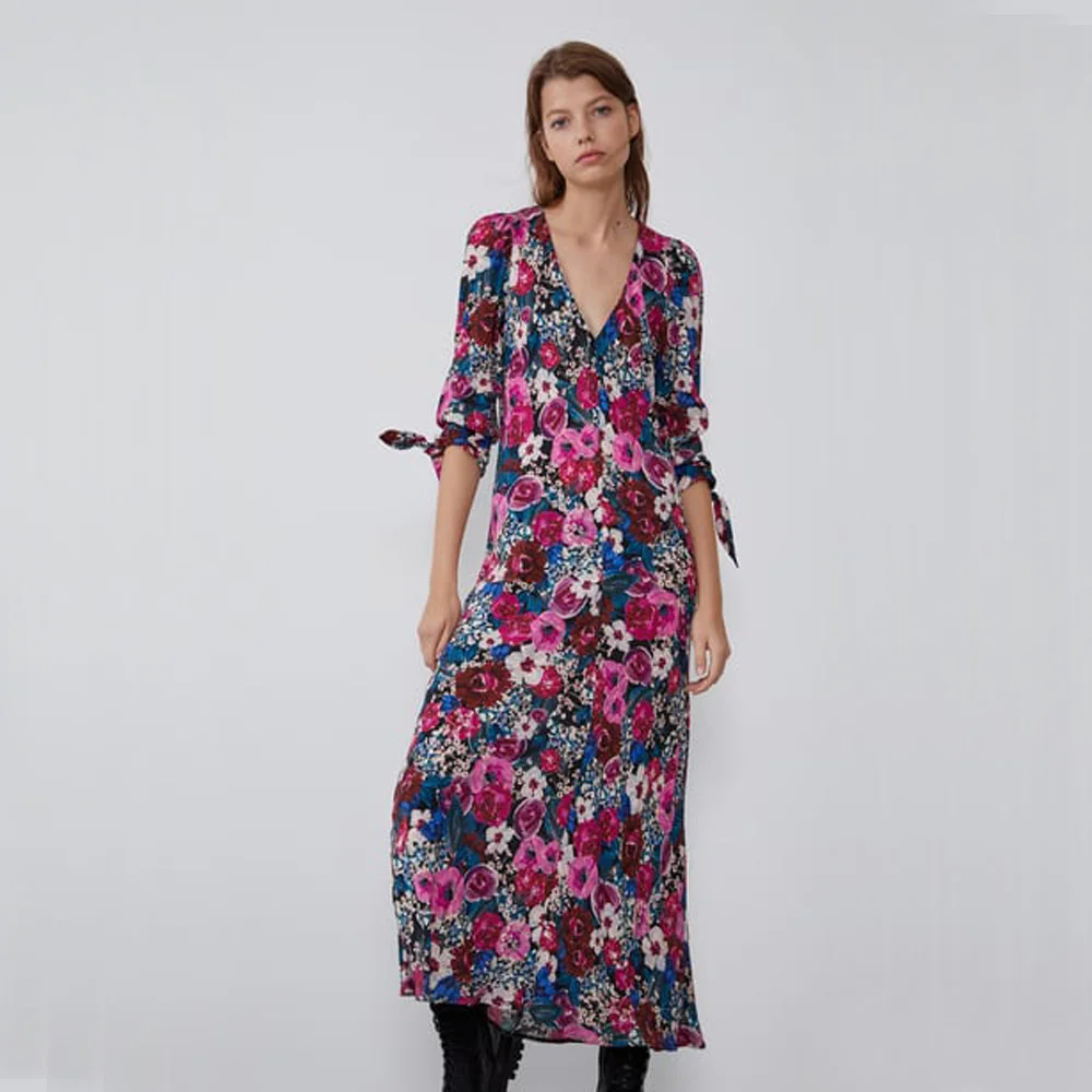 ZA Новое разноцветное модное платье с принтом женская одежда Boho Свободное платье с v-образным вырезом Вечерние подарки - Цвет: 04