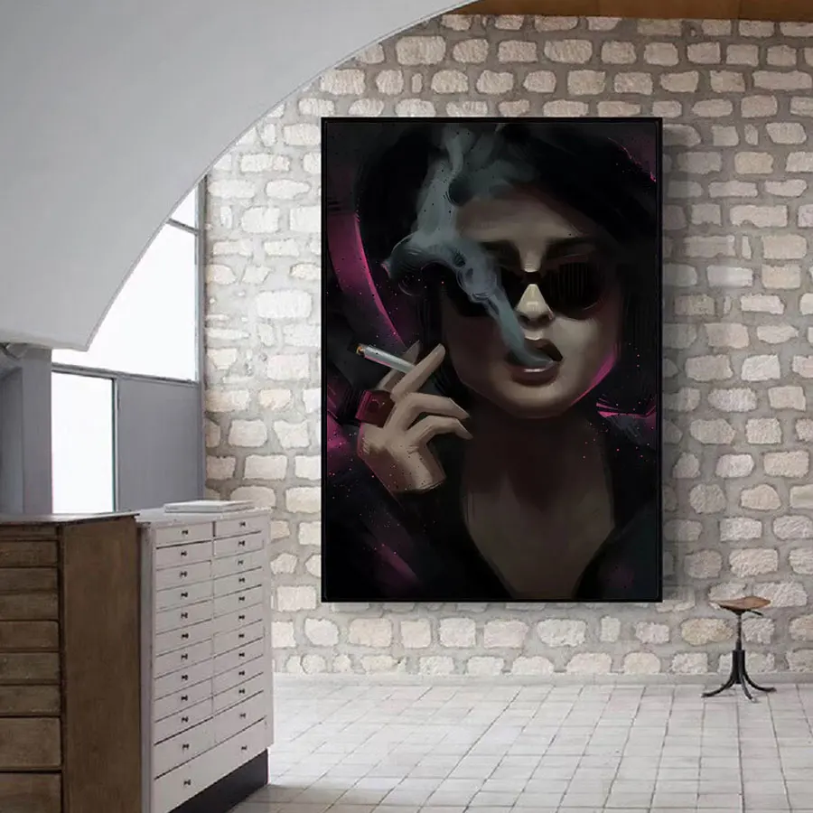 

Canvas Painting Decor Oil Painting Wall Picture Modern Art Picture African Black Smoking Woman Posters in Living Room
