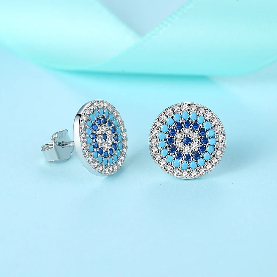 Роскошные 925 пробы серебряные круглые серьги с голубыми глазами кристаллами CZ