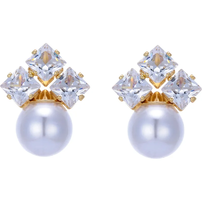 

OMHXZJ Wholesale European Fashion Woman Girl Party Birthday Wedding Gift Pearl Zircon 18KT Gold White Gold Stud Earrings EA540