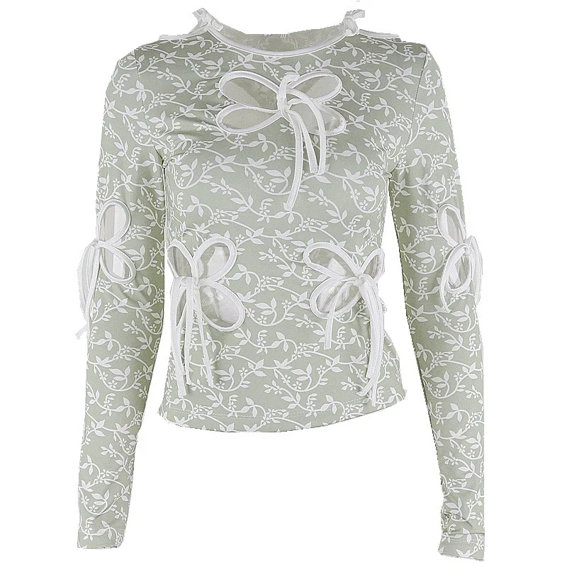 

Fashion Print Shirt Summer O-neck Green Slim Long Sleeve Women Cropped Top Y2K Butterfly Hollow Out Bandage T-shirt Streetwear