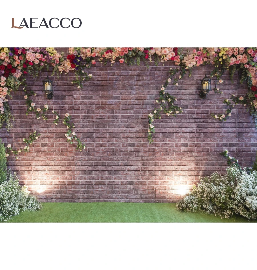 Laeacco Фото фоны кирпичная стена цветы венок фонарь трава ребенок портрет