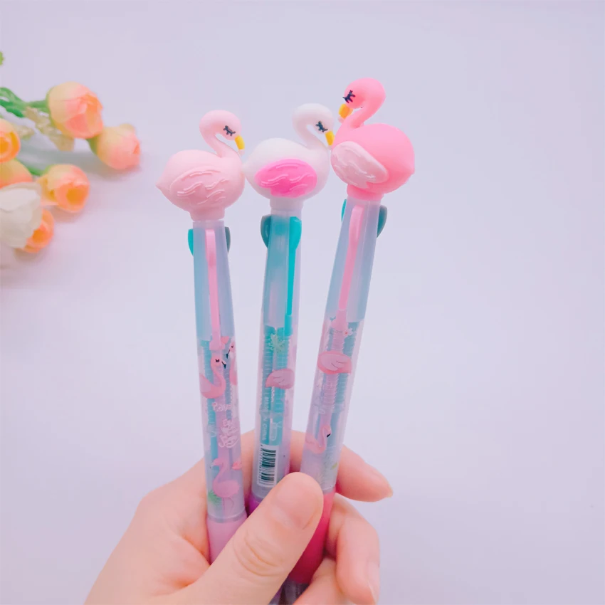 

2pcs/lot Cartoon Animal Kawaii Flamingo Ballpoint Pen Canetas Criativa 3 Color Ballpoint Pen for Office School Gift Stationery