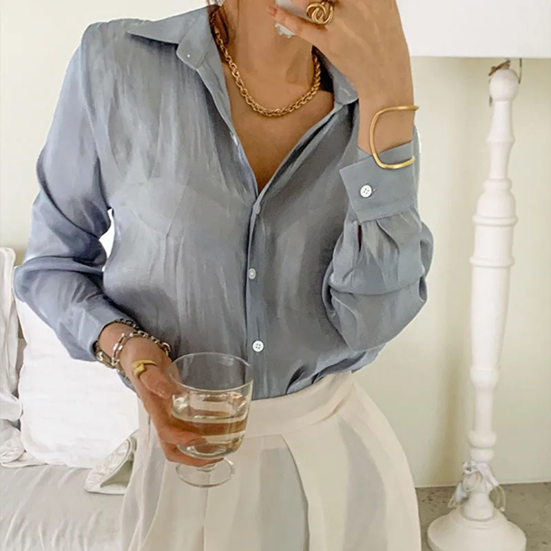 Осенняя атласная шелковая рубашка на пуговицах винтажная блузка Женская