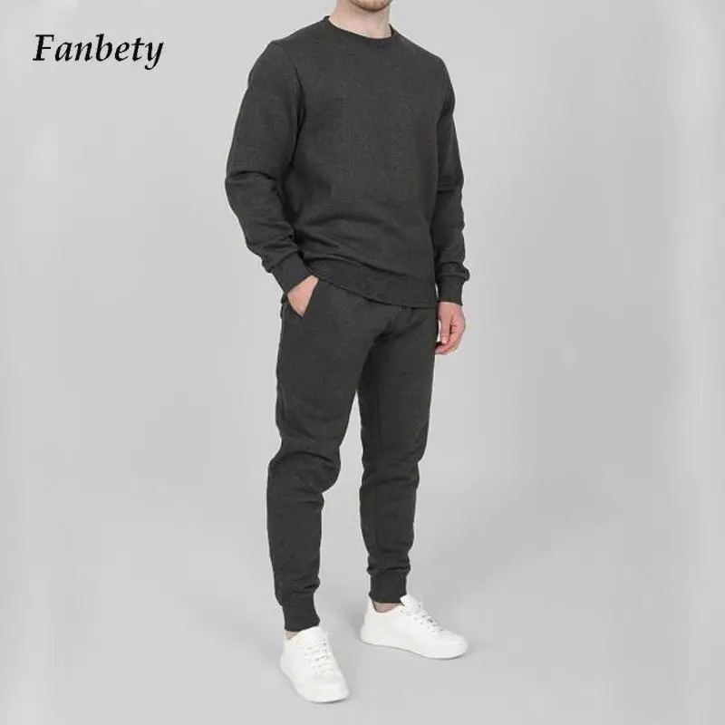 

Men Autumn Solid O-Neck Tracksuits Winter Fashion Two Piece Sets Male Casual Long Sleeve Sweatshirt + Elastic Waist Pants Suits