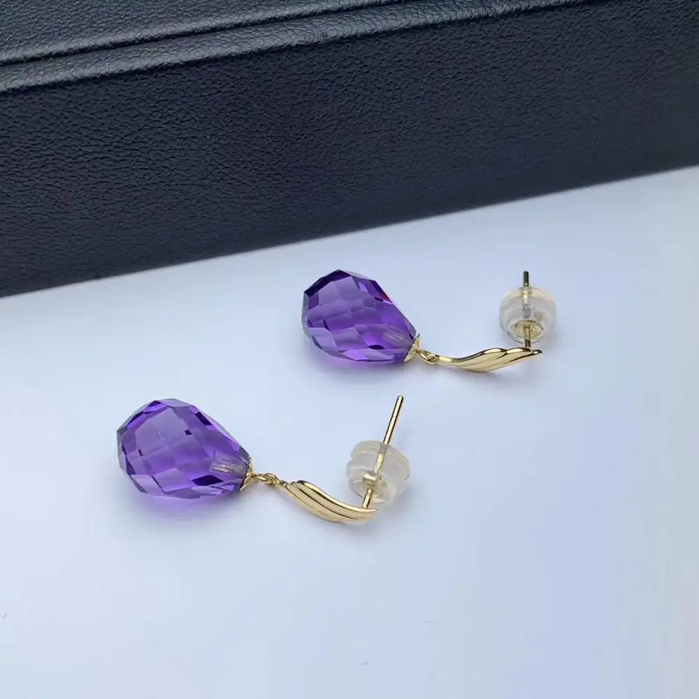 

shilovem 18K yellow Gold Piezoelectric Amethyst stud earrings fine Jewelry trendy Christmas gift new plant 8*11mm myme0811666z