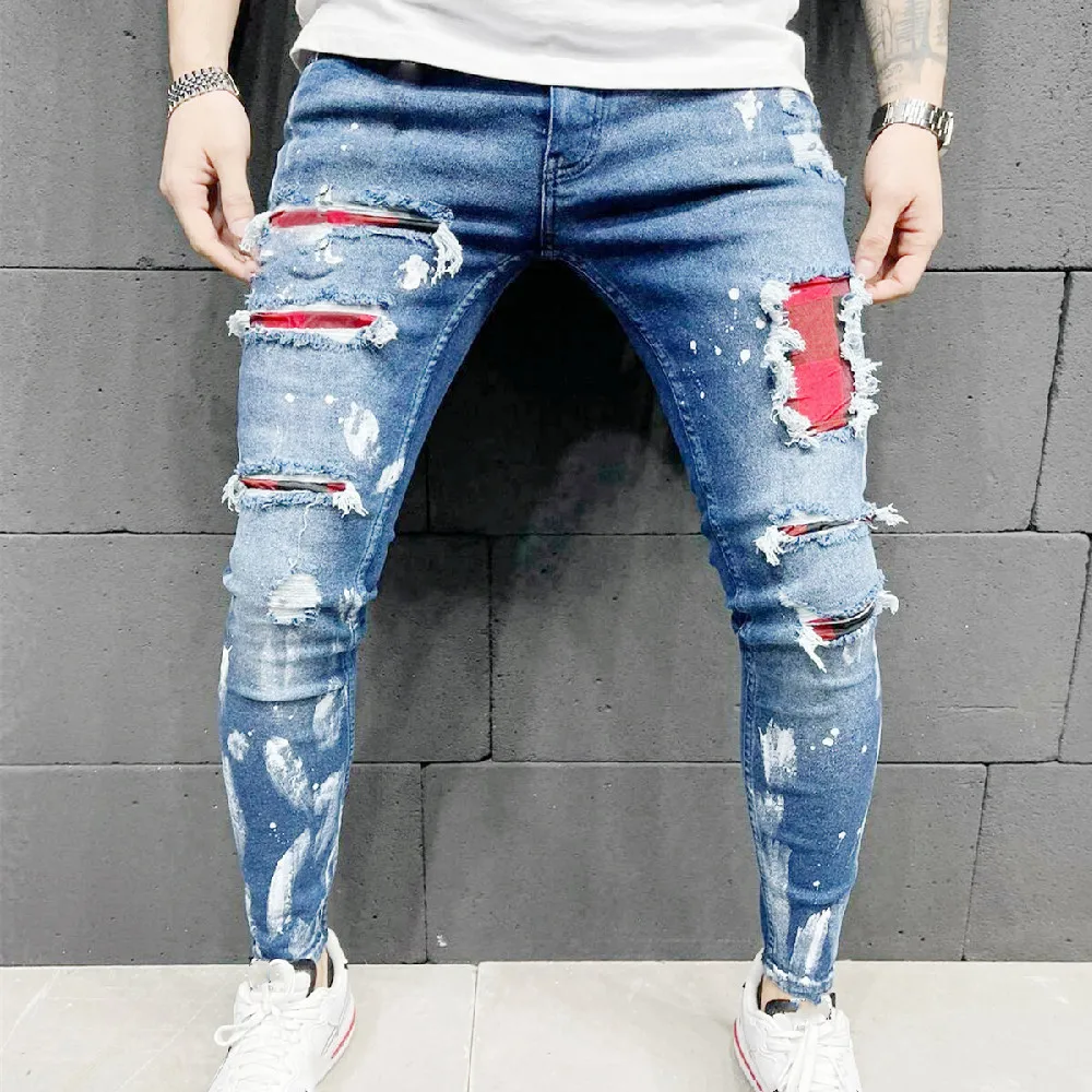 

2021 Spring/summer Men's Skinny Jeans Wash Patched Color Zipper Access Wear Hole Denim Trousers Denim Jeans for Men Pants