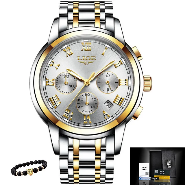 S-gold white LIGE мужские часы, военные Роскошные брендовые часы, мужские кварцевые часы из нержавеющей стали, модные часы с хронографом, мужские часы - Цвет: S-gold white