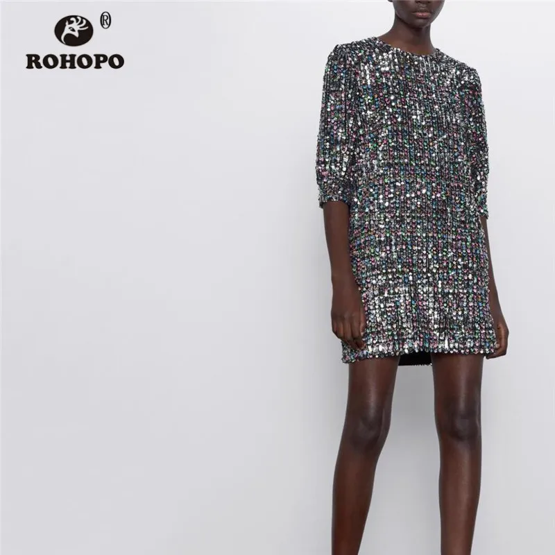 ROHOPO круглый вырез горловины с коротким рукавом блестками блестящие вечерние