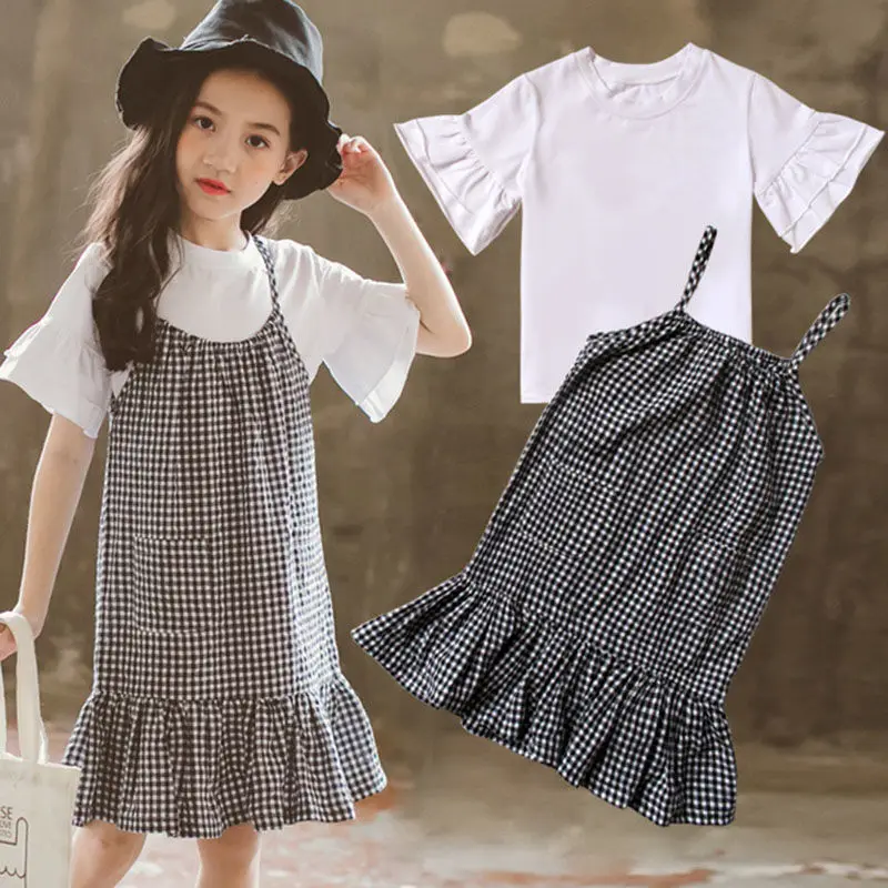 Summer Girls Clothes Plaid Skirts Two Pieces Casual Party Kids Suits Short Sleeve Tops Teenage Girl Clothing 8 10 12 14 years |