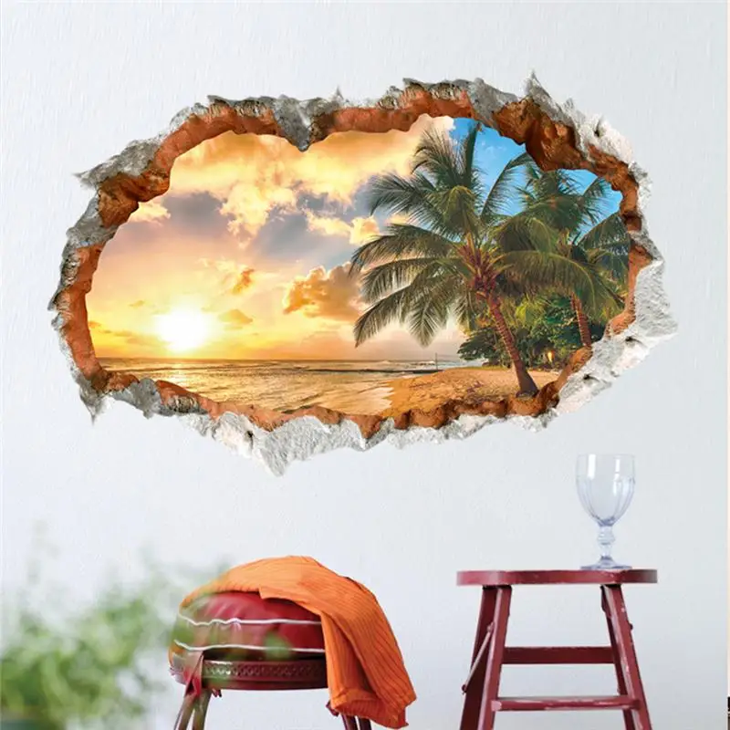 

Настенные кокосовые стикеры Sunset Seabeach для офиса, магазина, гостиной, спальни, украшение для дома, 3d наклейки с изображением сломанных дыр