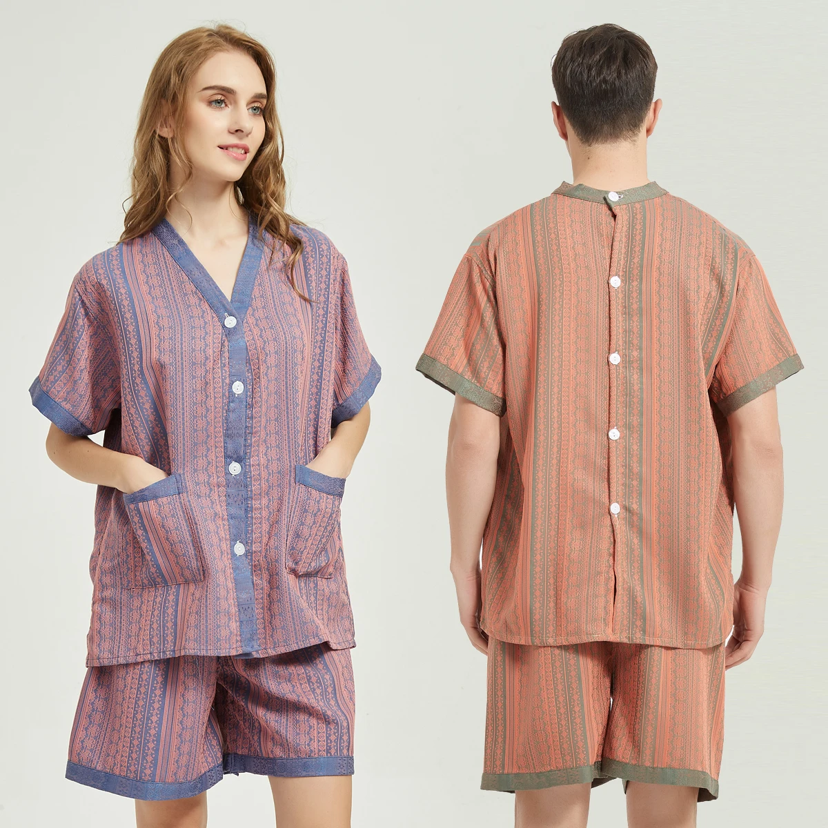 Summer Couple Pajama Sets Cotton Sleepwear Men And Women Home Clothing Pajamas Comfort Long Sleeves Buttons Homewear