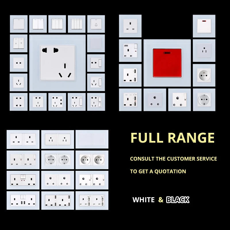 

S7 White Black Double 13A UK BS Wall Power Socket with 2.1A Double USB Charging Ports, Tempered Glass Panel