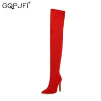 women autumn shoes european style knee faux suede stretch fabrics high heel slip on pointed toe fashion sexy women high boots