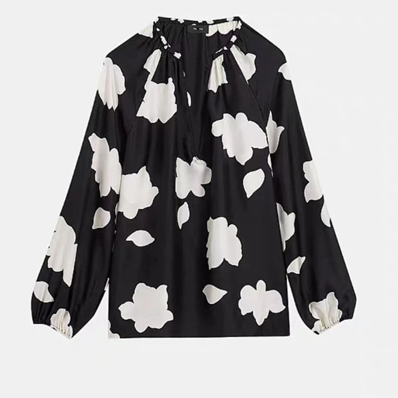 

AELESEEN Runway Fashion Silk Blouse 2020 Summer Designer Loose Blouse V-Neck Long Lantern Sleeve Office Ladies Blouse