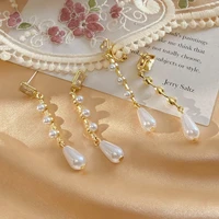 long tassel imitation pearl dangle earrings golden korean fashion women elegant square dangle earrings crystal waterdrop jewelry