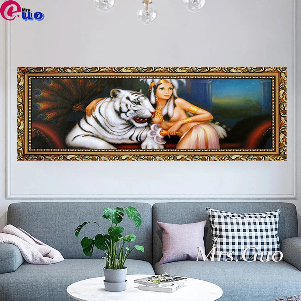 

Алмазная живопись «сексуальная женщина и белый тигр», картина с полными квадратными/круглыми стразами 5D «сделай сам», вышивка крестиком, 5D ...