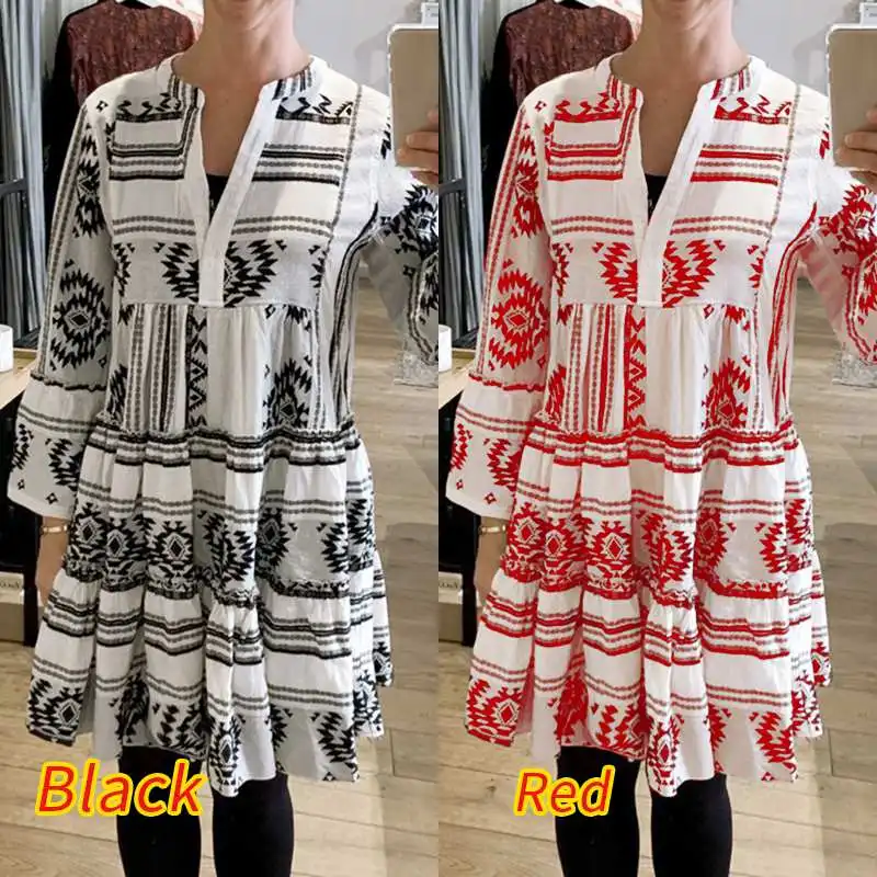 ZANZEA богемное женское платье в стиле пэчворк с принтом мини Vestidos женские летние пляжные платья для вечеринок сексуальное открытое платье с v-образным вырезом размера плюс 5XL