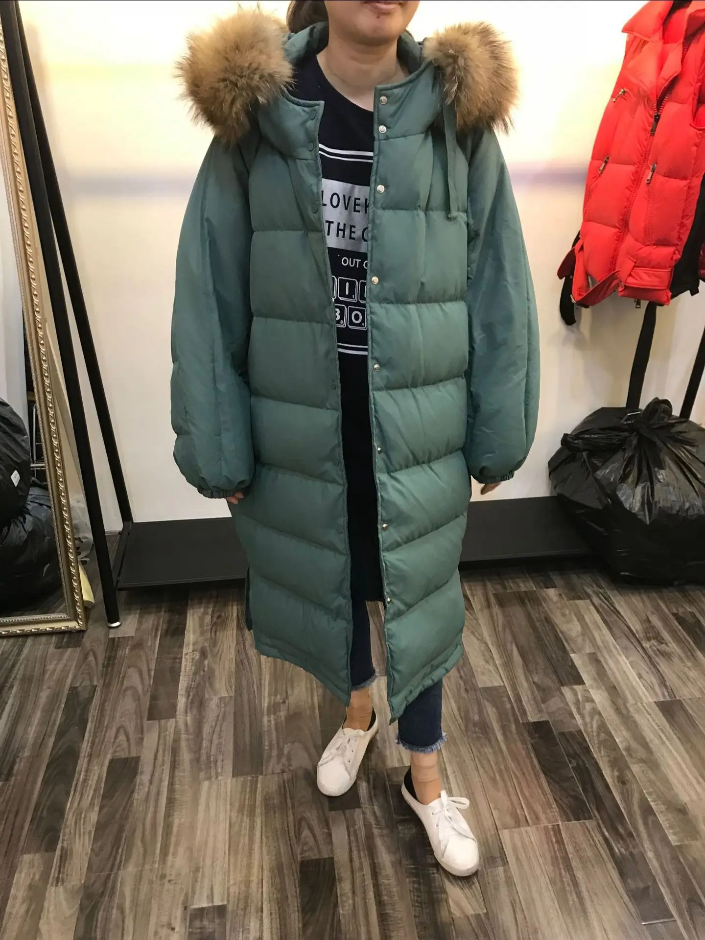 Летайте в Южную Корею! Dongdaemun, стиль, ультра большой меховой воротник, большой размер, X-long, выше колена, кокон, одеяло, пуховик, Женская куртка