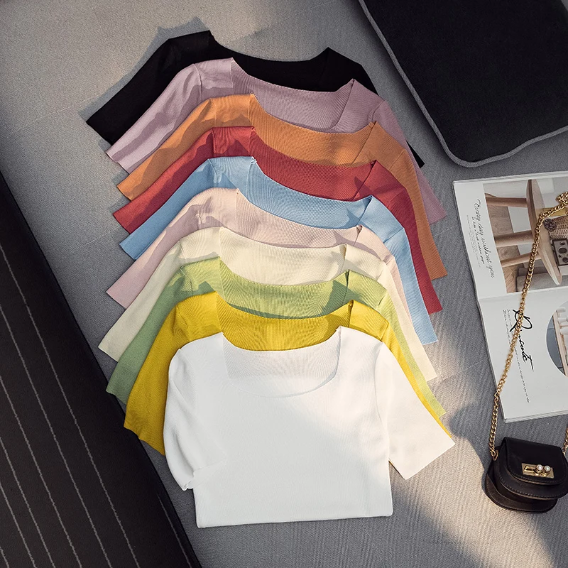 Яркие квадратные трикотажные футболки с коротким рукавом женские 2020 Весна Лето