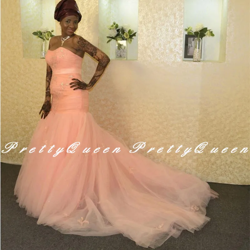

Pink Tulle Mermaid Prom Dresses Long Chapel Train 2020 Appliques Strapless Bridal Dresses Formal Gown Vestido De Festa