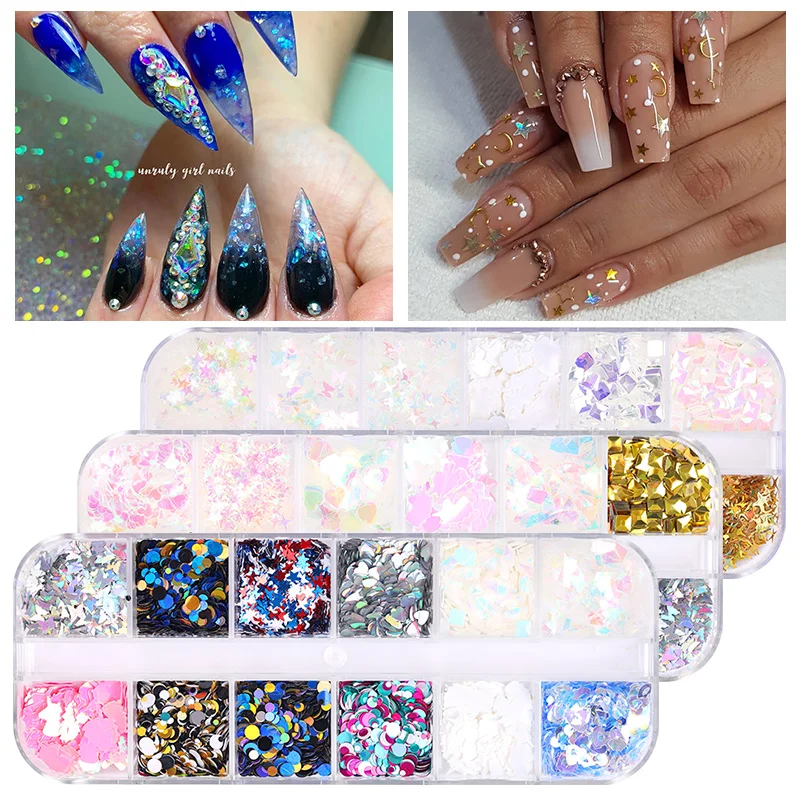 

12 Grids/Set Mixed size Nail Glitter Flakes 3D Sequins Paillette Powder Charm Nail Art Decoration tools