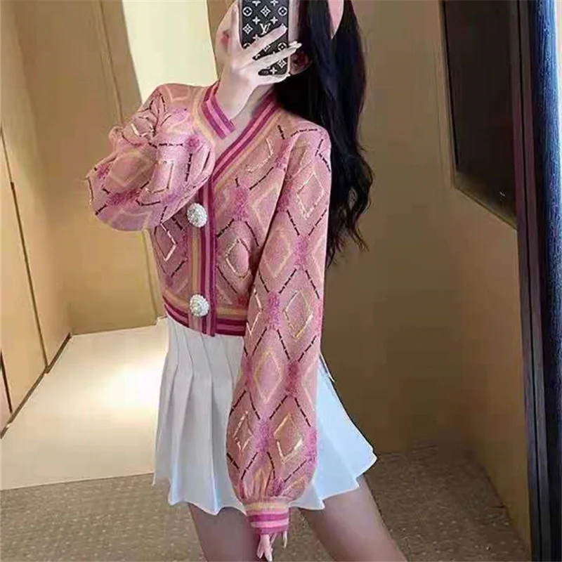 

Короткий вязаный кардиган с V-образным вырезом, соответствие цветов, осень 2021, новое пальто, Женский Нежный Стиль, Wm *