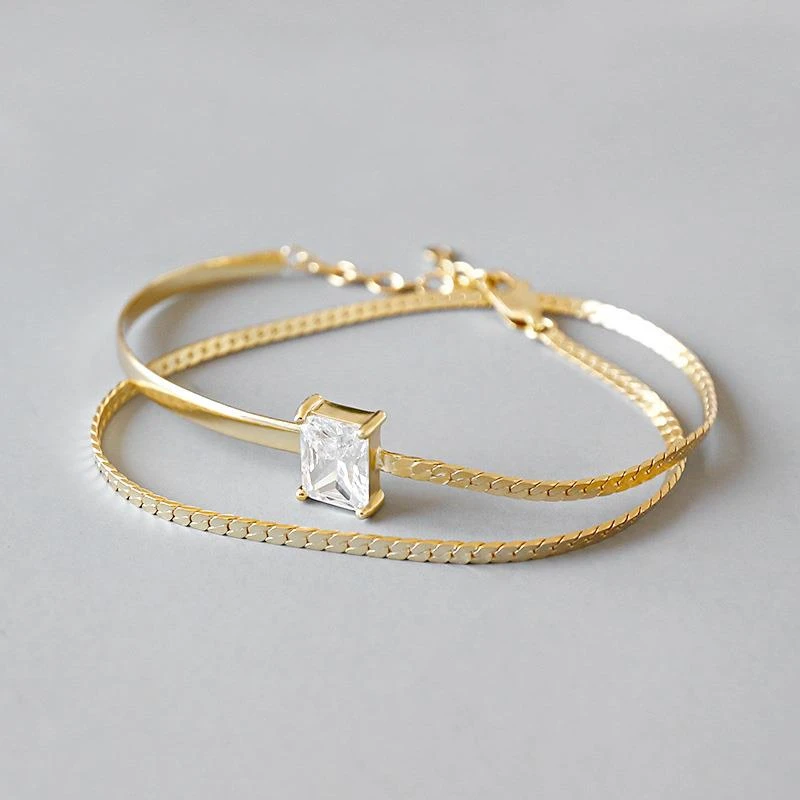 

925 Sterling Silver simple Temperament Smooth Square Drill Double Bracelet Inlaid Zircon Temperament Asymmetric Bracelet Woman