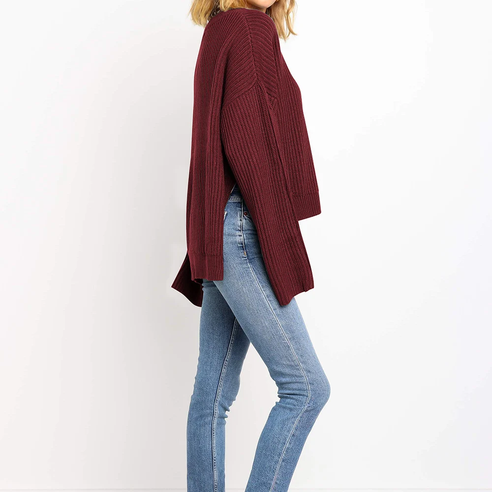 Женский свитер с воротником-хомутом красный вязаный джемпер длинным рукавом