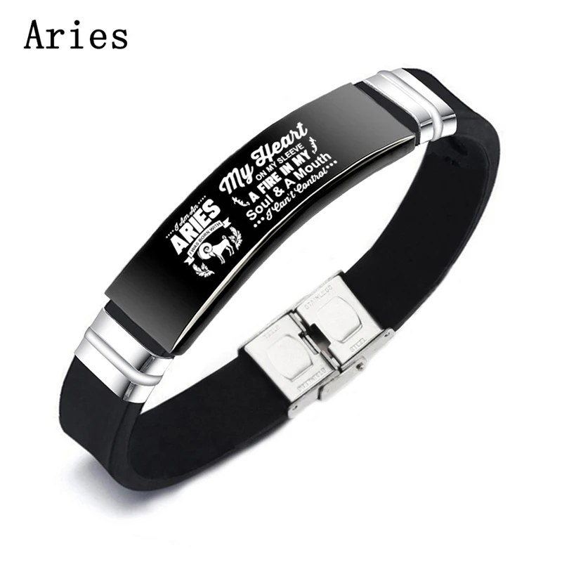 Черный силиконовый мужской браслет с гравировкой Знак зодиака Leo Pisces Таурус из