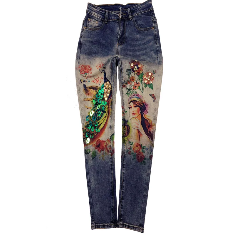 

fashion spring autumn new retro denim jacket women embroidery peacock sequin beauty printed stretch jeans coat