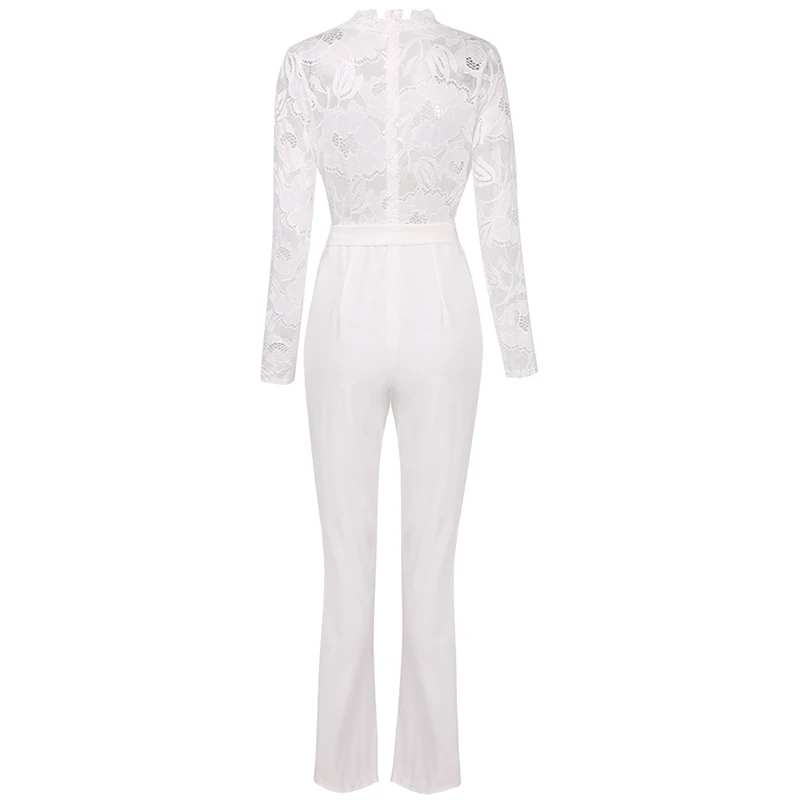 

Women Sexy Deep V Lace Hollow Jumpsuit Elegant Solid Color Belt Slim Jumpsuit 2020 Fall New Fashion Lady Elegant Office Jumpsuit