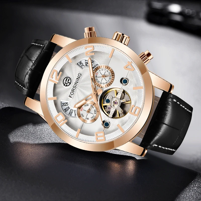 Модные мужские часы FORSINING Tourbillion с золотым волнистым циферблатом в повседневном