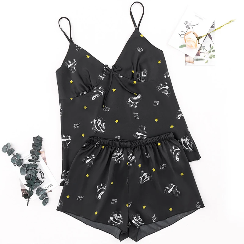 

Women's Pajamas 2021 Summer Pajama For Women Sexy Print Pyjamas Silk Sleepwear For Woman Home Clothes Black New S-XL BANNIROU