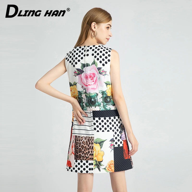 

DLINGHAN Fashion Beading Tank Dress Women's O-Neck Sleeveless Diamonds Floral-Print Dresses Designer Spring Summer New