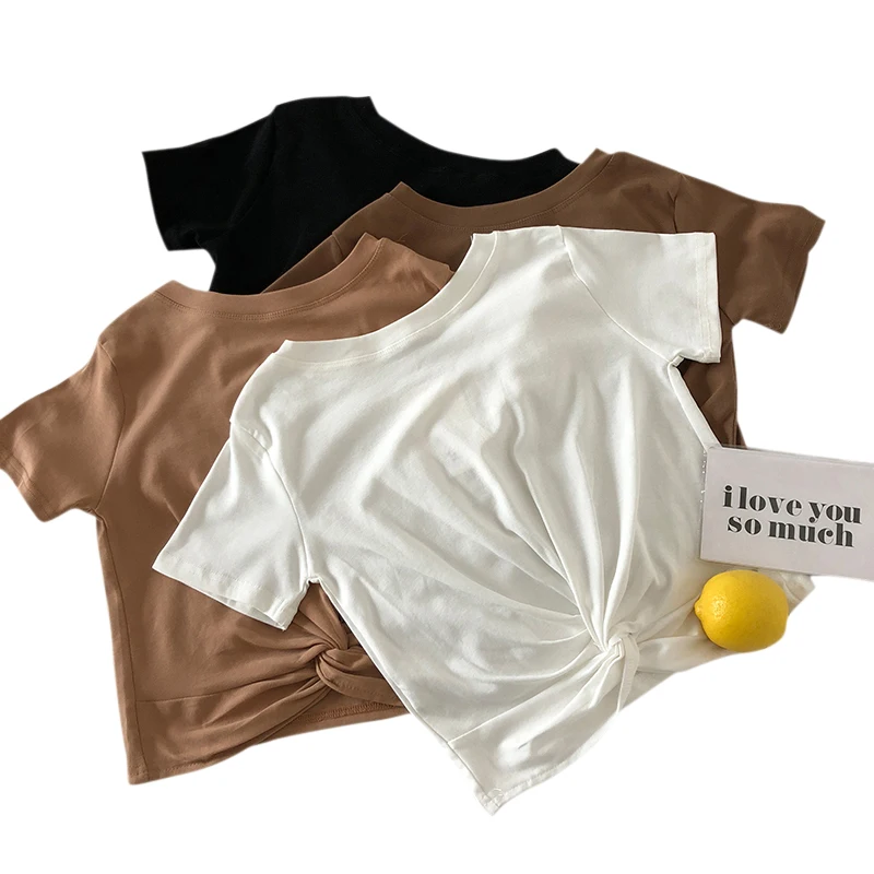 

Simple Solid T-shirt Woman Fashion Knotted Slim Ladies Blouse Casual Korean Summer T-shirts Women Clothes 2021 Harajuku Tees